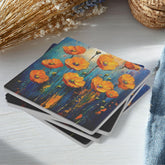 Colorful Poppy Field Coaster Set of 4, Vibrant Floral Art Coasters, Blue Yellow Garden Ceramic Drink Coaster Set