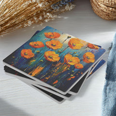 Colorful Poppy Field Coaster Set of 4, Vibrant Floral Art Coasters, Blue Yellow Garden Ceramic Drink Coaster Set
