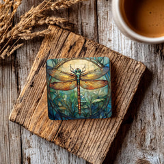 Stained Glass Look Dragonfly Coaster Set of 4, Nature-Inspired Boho Art Coasters, Ceramic Coaster Set Gift