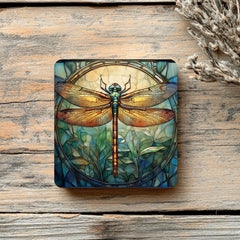 Stained Glass Look Dragonfly Coaster Set of 4, Nature-Inspired Boho Art Coasters, Ceramic Coaster Set Gift