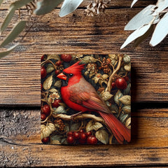 Red Cardinal Coaster Set of 4, Woodland Bird Art Coasters, Rustic Winter Berry Ceramic Drink Coaster Set