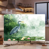 Blue Heron on Lily Pond Glass Cutting Board, Nature-Inspired Kitchen Decor, Water Bird Art Serving Board Gift