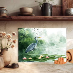 Blue Heron on Lily Pond Glass Cutting Board, Nature-Inspired Kitchen Decor, Water Bird Art Serving Board Gift