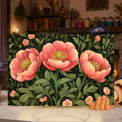 Coral Peony Floral Glass Cutting Board, Botanical Kitchen Art Decor, Blooming Garden Flower Serving Board Gift