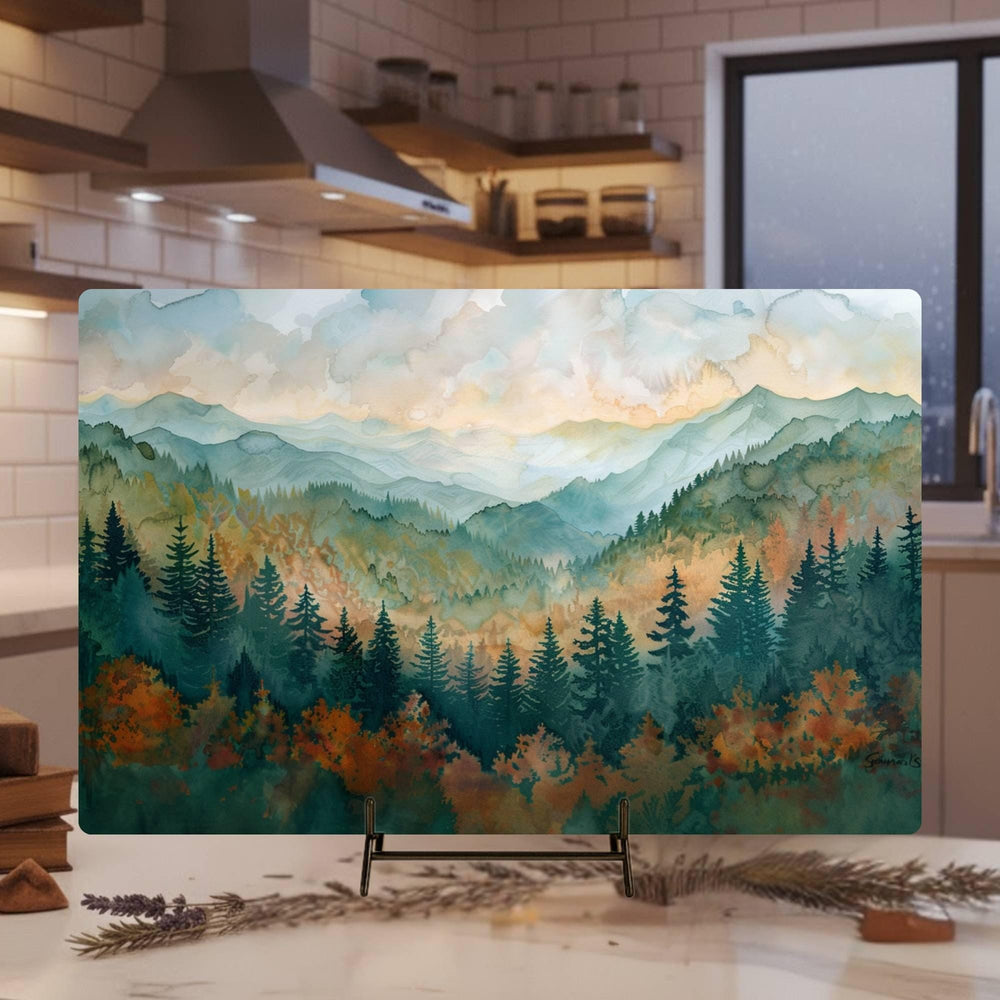Mountain Forest Landscape Glass Cutting Board, Nature-Inspired Scenic Art Kitchen Decor Gift, Glass Serving Tray or Counter Art
