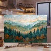 Mountain Forest Landscape Glass Cutting Board, Nature-Inspired Scenic Art Kitchen Decor Gift, Glass Serving Tray or Counter Art