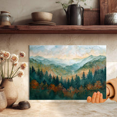 Mountain Forest Landscape Glass Cutting Board, Nature-Inspired Scenic Art Kitchen Decor Gift, Glass Serving Tray or Counter Art