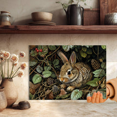 Woodland Rabbit Glass Cutting Board, Nature-Inspired Bunny Art, Rustic Forest Animal Kitchen Decor Gift