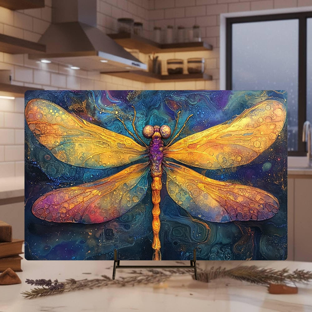 Golden Dragonfly Glass Cutting Board, Mystical Insect Art Kitchen Decor, Boho Nature-Inspired Gift