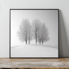 Winter Trees Wall Art, Black and White Framed Canvas, Minimalist Snow Scene Print, Modern Scandinavian Artwork, Calm Nature Home Decor
