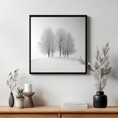 Winter Trees Wall Art, Black and White Framed Canvas, Minimalist Snow Scene Print, Modern Scandinavian Artwork, Calm Nature Home Decor