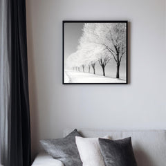 Frosted Trees Wall Art, Black and White Framed Canvas, Snowy Landscape Print, Minimalist Winter Artwork, Scandinavian Calm Nature Decor