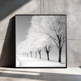 Frosted Trees Wall Art, Black and White Framed Canvas, Snowy Landscape Print, Minimalist Winter Artwork, Scandinavian Calm Nature Decor