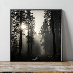 Redwood Forest Wall Art, Misty Tree Landscape Print, Sunlight Through Trees Poster, Calm Nature Home Decor, Black and White Framed Canvas