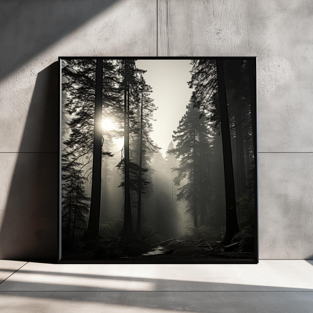 Redwood Forest Wall Art, Misty Tree Landscape Print, Sunlight Through Trees Poster, Calm Nature Home Decor, Black and White Framed Canvas