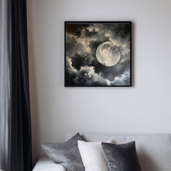 Full Moon Wall Art, Celestial Night Sky Print, Lunar Cloudscape Poster, Mystical Minimalist Home Decor, Black and White Framed Canvas