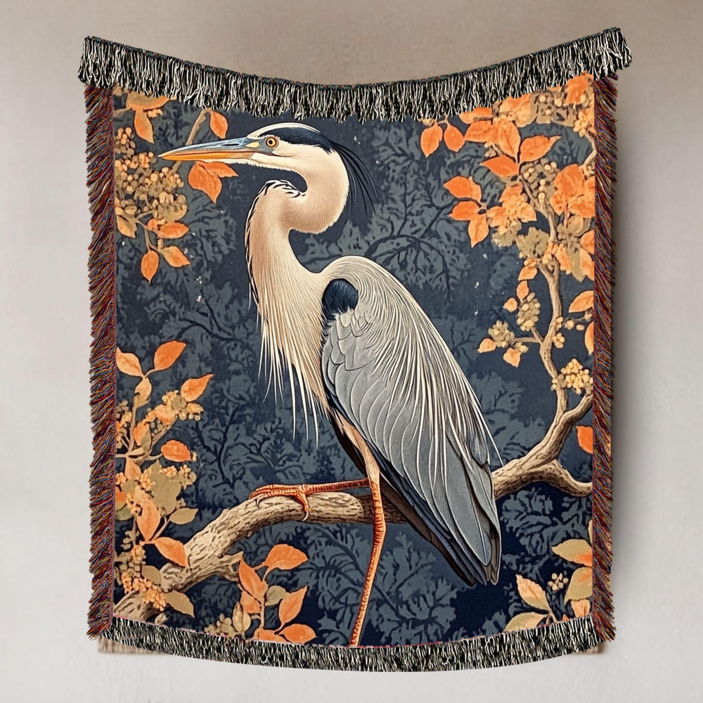 Great Blue Heron Woven Blanket, Autumn Bird Art Tapestry Throw, Nature-Inspired Decor, Elegant Wildlife Blanket, Cozy Rustic Home Accent