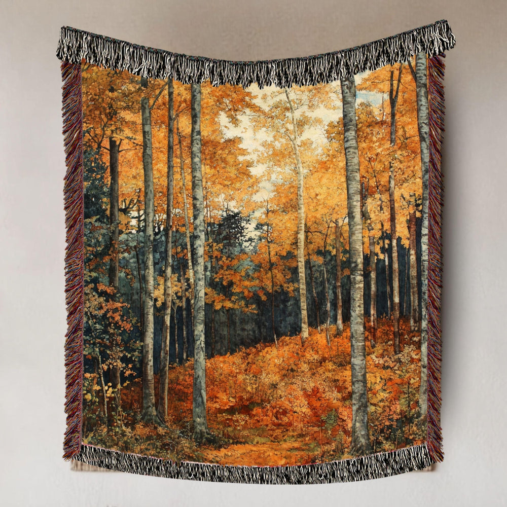 Golden Forest Woven Blanket, Autumn Woods Landscape Throw, Cozy Nature-Inspired Tapestry, Rustic Woodland Decor, Warm Fall Home Accent