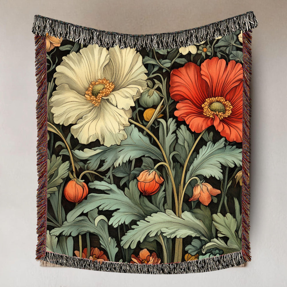 Poppy Garden Woven Blanket, Botanical Floral Throw, Nature-Inspired Tapestry, Rustic Flower Home Decor, Cozy Cottage Garden Gift Idea