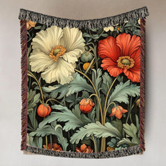 Poppy Garden Woven Blanket, Botanical Floral Throw, Nature-Inspired Tapestry, Rustic Flower Home Decor, Cozy Cottage Garden Gift Idea