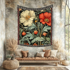 Poppy Garden Woven Blanket, Botanical Floral Throw, Nature-Inspired Tapestry, Rustic Flower Home Decor, Cozy Cottage Garden Gift Idea