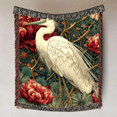 White Heron Garden Woven Blanket, Nature-Inspired Bird Throw, Botanical Floral Tapestry, Elegant Wildlife Art, Cozy Rustic Home Accent