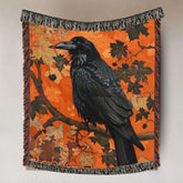 Black Raven Woven Blanket, Autumn Nature-Inspired Tapestry, Mystical Bird Art Throw, Rustic Woodland Decor, Cozy Halloween Accent Gift