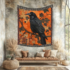 Black Raven Woven Blanket, Autumn Nature-Inspired Tapestry, Mystical Bird Art Throw, Rustic Woodland Decor, Cozy Halloween Accent Gift