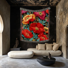 Vibrant Poppy Woven Blanket, Botanical Floral Tapestry Throw, Bold Nature-Inspired Art, Colorful Home Accent, Garden-Inspired Cozy Gift