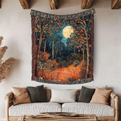 Harvest Moon Woven Blanket, Autumn Forest Tapestry Throw, Nature-Inspired Moonlight Art, Cozy Woodland Decor, Mystical Rustic Home Gift