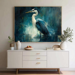 Moody Heron Wall Art, Water Bird Framed Canvas, Coastal Wetlands Landscape Print, Abstract Blue Modern Home Decor, Heron Lover Gift