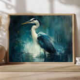 Moody Heron Wall Art, Water Bird Framed Canvas, Coastal Wetlands Landscape Print, Abstract Blue Modern Home Decor, Heron Lover Gift
