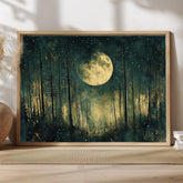 Mystical Moon Forest Wall Art, Enchanted Night Framed Canvas, Celestial Woodland Landscape Print, Starry Night Decor, Tranquil Home Accent