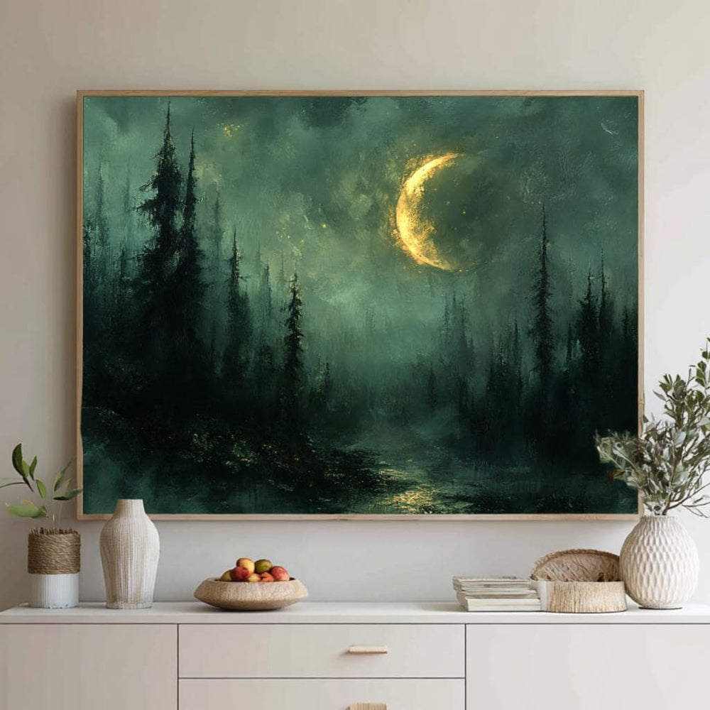 Crescent Moon Forest Wall Art, Mystical Night Framed Canvas, Moody Woodland Landscape Print, Celestial Nature Inspired Home Decor