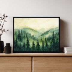 Evergreen Mountain Landscape Wall Art, Misty Pine Forest Framed Canvas, Nature Inspired Print, Rustic Farmhouse Decor, Tranquil Home Accent