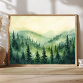 Evergreen Mountain Landscape Wall Art, Misty Pine Forest Framed Canvas, Nature Inspired Print, Rustic Farmhouse Decor, Tranquil Home Accent