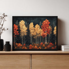 Autumn Birch Forest Wall Art, Vibrant Fall Framed Canvas, Woodland Landscape Print, Rustic Nature Inspired Home Decor, Autumn Lover Gift