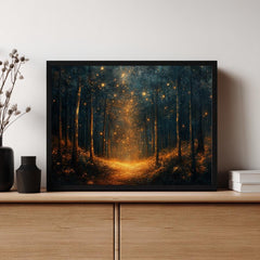 Enchanted Firefly Forest Wall Art, Mystical Night Landscape Canvas, Glowing Woodland Path Print, Celestial Nature Inspired Home Decor