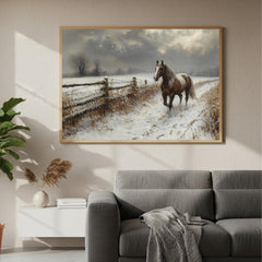 Winter Horse Landscape Wall Art, Rustic Country Farm Canvas, Snowy Field Print, Nature Inspired Equestrian Home Decor, Horse Lover Gift
