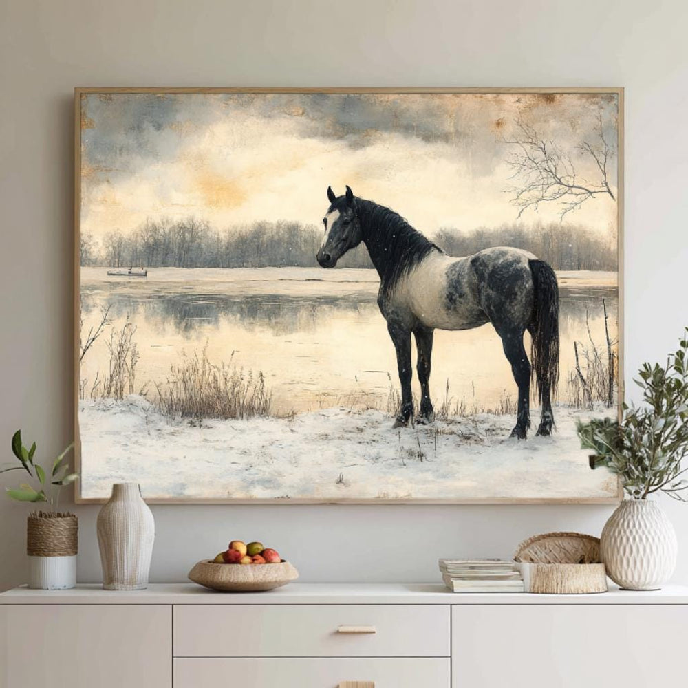 Horse by the River Wall Art, Vintage Winter Framed Canvas, Rustic Equestrian Landscape Print, Country Cabin Decor, Tranquil Home Accent