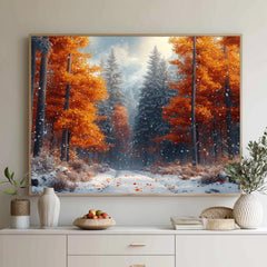 Amber Autumn Path Wall Art, Snowy Forest Framed Canvas, Nature Woodland Print, Cozy Rustic Decor, Winter Home Accent, Autumn Lover Gift