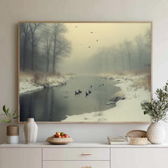 Foggy River Ducks Wall Art, Misty Winter Framed Canvas, Nature Inspired Landscape Print, Rustic Farmhouse Decor, Tranquil Home Accent