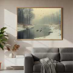 Foggy River Ducks Wall Art, Misty Winter Framed Canvas, Nature Inspired Landscape Print, Rustic Farmhouse Decor, Tranquil Home Accent