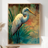 Egret At Meadow Edge Wooden Canvas Art, Warm Wildlife Wall Decor, Elegant Bird Nature Print For Boho, Coastal, Rustic Home Interiors