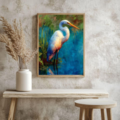 Egret By Blue Water Wooden Canvas Art, Tranquil Wildlife Wall Decor, Serene Nature Bird Print For Lake House, Spa, Relaxing Home Spaces