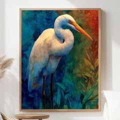 Egret Twilight Wooden Canvas Art, Blue And Rust Wildlife Bird Print, Moody Nature Wall Decor For Cabin, Coastal, Rustic Home Styling