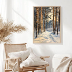Winter Pine Forest Path Wooden Canvas Art, Snowy Landscape Wall Decor, Cozy Rustic Winter Print For Cabin, Lodge, Scandinavian Homes