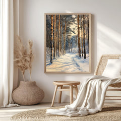 Winter Pine Forest Path Wooden Canvas Art, Snowy Landscape Wall Decor, Cozy Rustic Winter Print For Cabin, Lodge, Scandinavian Homes