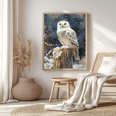 Snowy Owl Night Wooden Canvas Art, Winter Bird Wildlife Wall Decor, Rustic Snow Scene Artwork for Cabin Homes and Cozy Seasonal Displays
