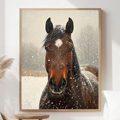 Snowy Horse Portrait Wooden Canvas Art, Rustic Winter Farmhouse Wall Decor, Equine Artwork for Country, Cabin, and Nature Inspired Homes